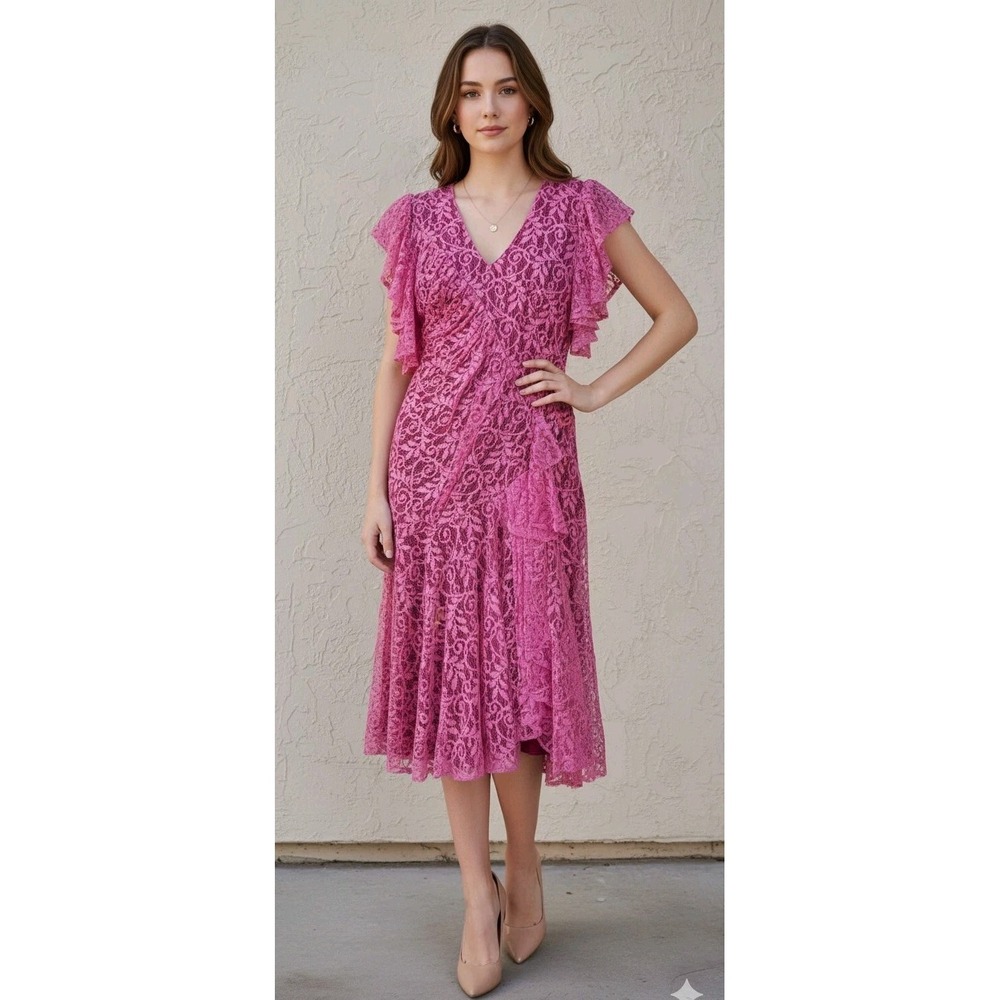 Vtg A La Carte California Lace Bias Cut Drop‎ Waist Flutter Sleeve Dress Pink